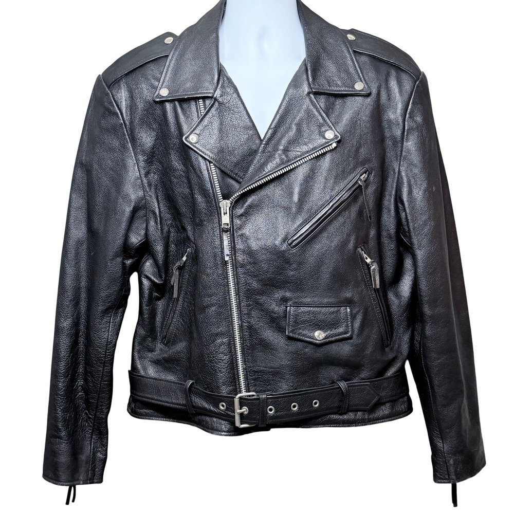 Vtg Wilsons Open Road Leather Motorcycle Jacket Mens L Black Belted Biker 90s